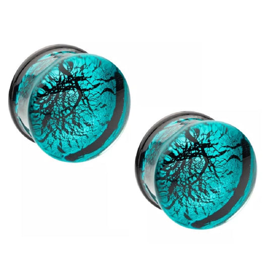 Turquoise Blue Cracked Web Design Glass Double Flared Plugs
 - Pair