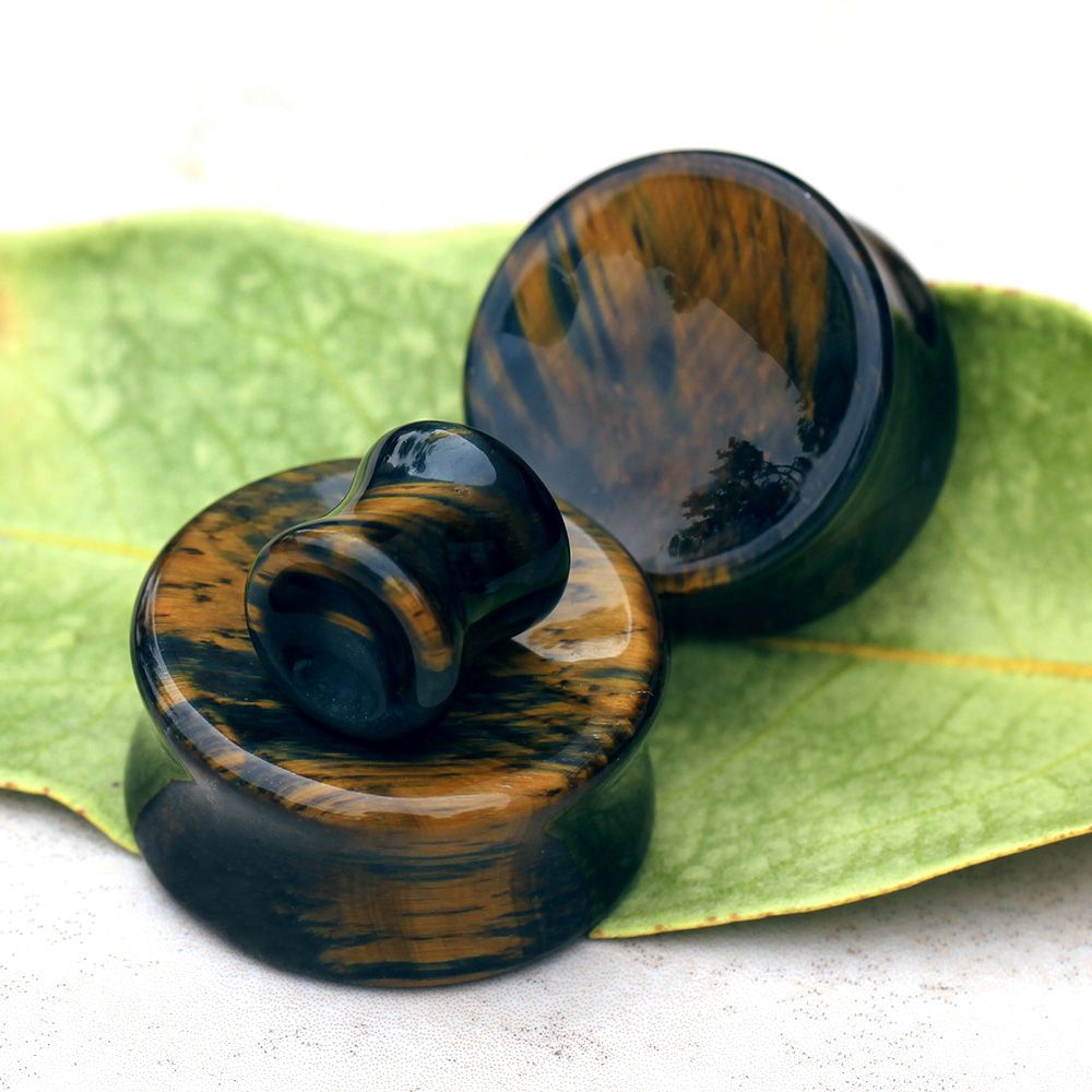 Natural Concave Dark Tiger Eye Stone Double Flared Saddle Fit Plugs
- Pair