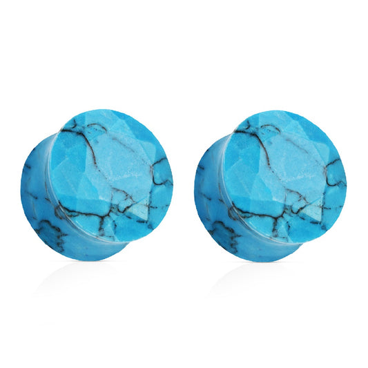 Blue Turquoise Semi Precious Stone Faceted Gem Cut Double Flared Plugs - Pair