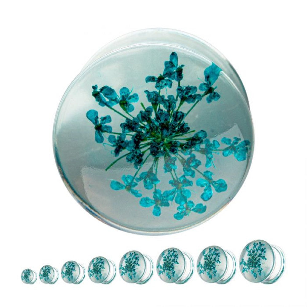 Dried Aqua Flowers in Acrylic Flesh Fit Plugs - Pair