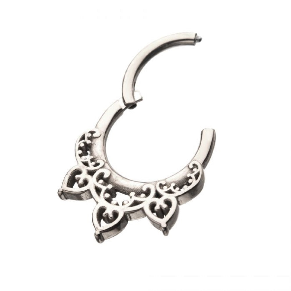 Filigree Heart Design Helix Cartilage Daith Septum Hinged Segment Clicker Ring - Stainless Steel