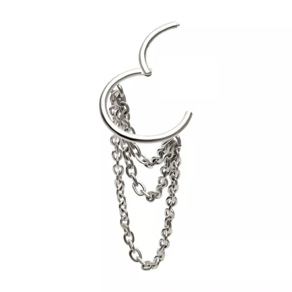 Triple Dangling Chains Side Facing Hinged Segment Clicker Ring - 316L Stainless Steel