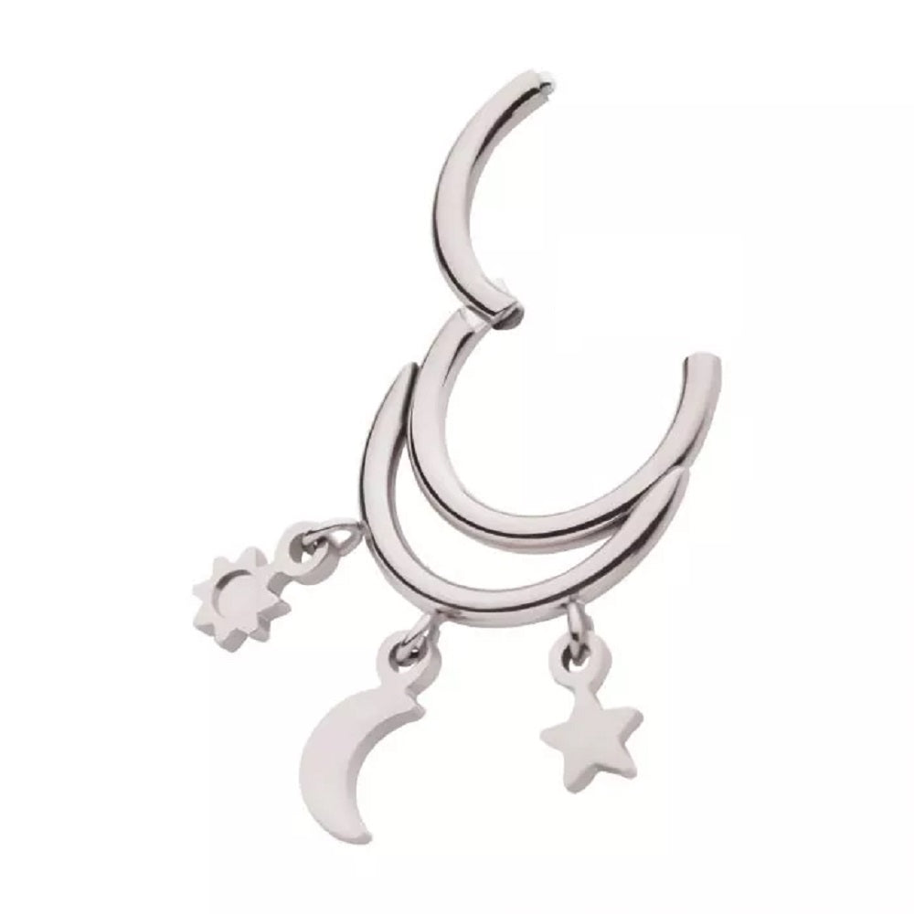 Double Hoop with Sun, Star and Crescent Moon Dangling Charms Hinged Segment Clicker Ring - 316L Stainless Steel