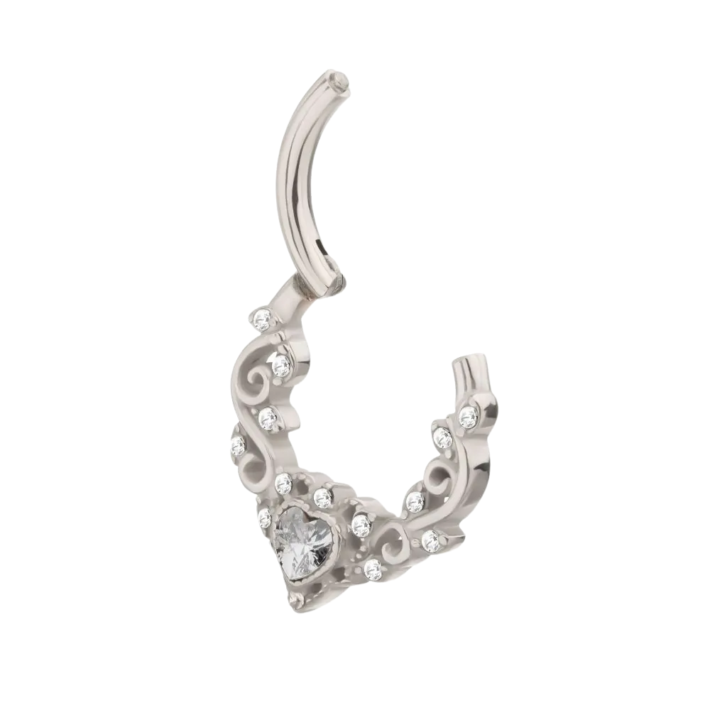 Lacy Filigree CZ Crystal Heart Hinged Segment Clicker Ring - 316L Stainless Steel
