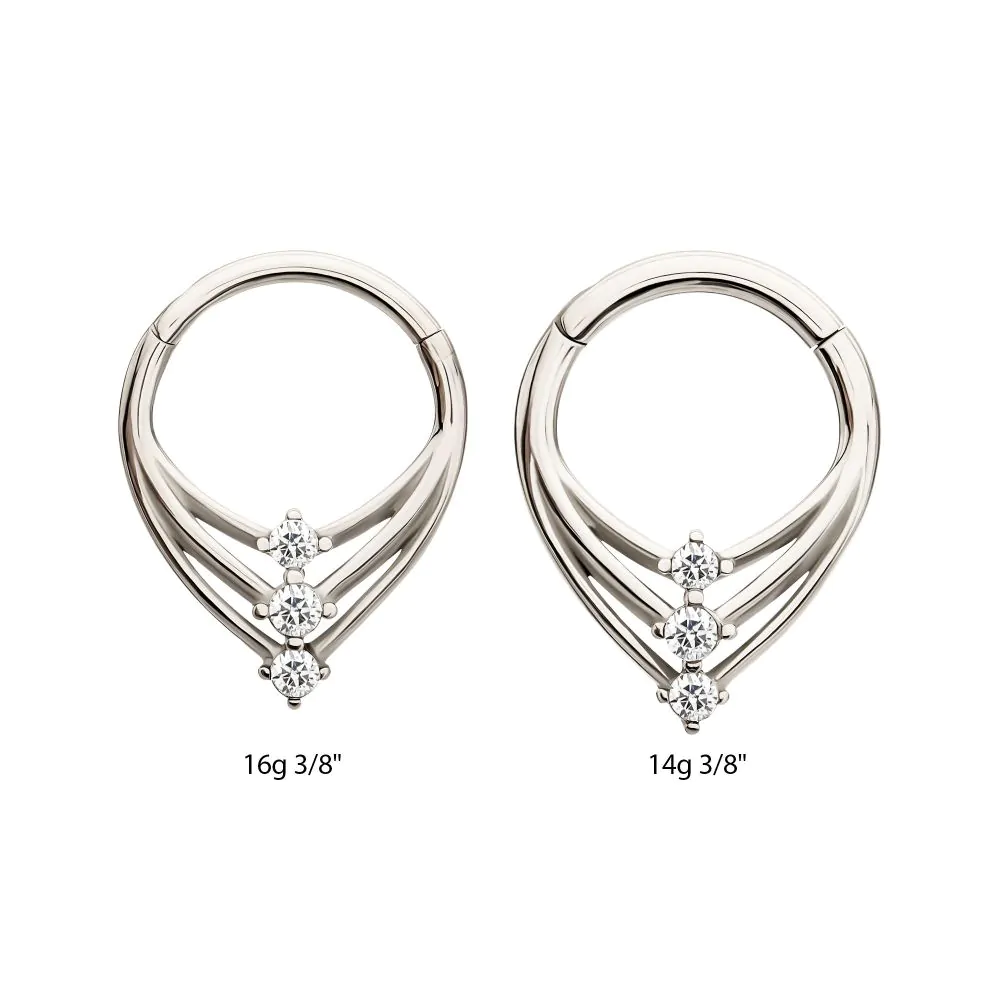 Triple CZ Crystal Pointed Hinged Segment Clicker Ring - 316L Stainless Steel