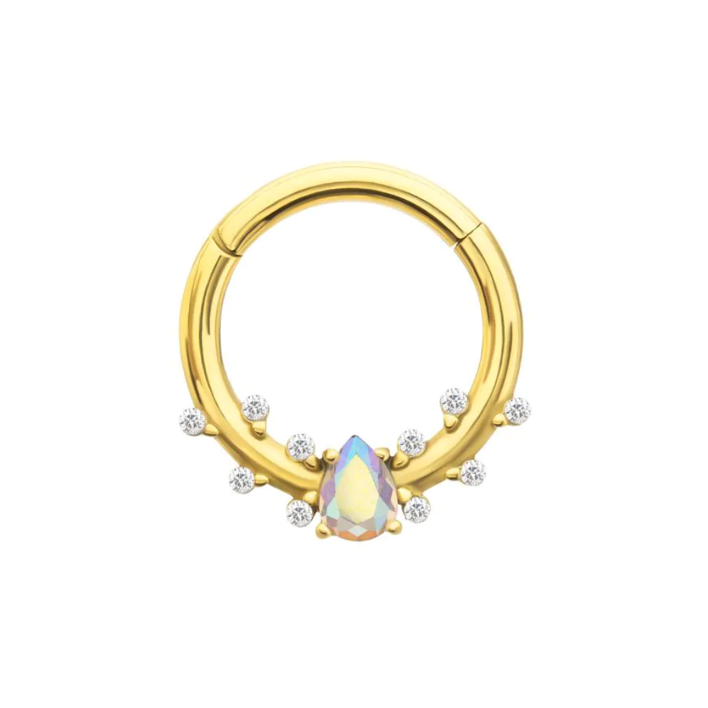 CZ Crystal Aurora Borealis Teardrop Gem Hinged Segment Clicker Ring - Gold PVD 316L Stainless Steel