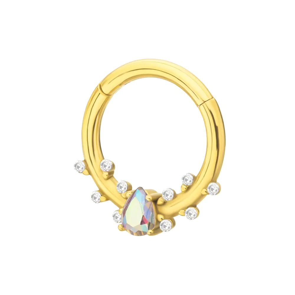 CZ Crystal Aurora Borealis Teardrop Gem Hinged Segment Clicker Ring - Gold PVD 316L Stainless Steel