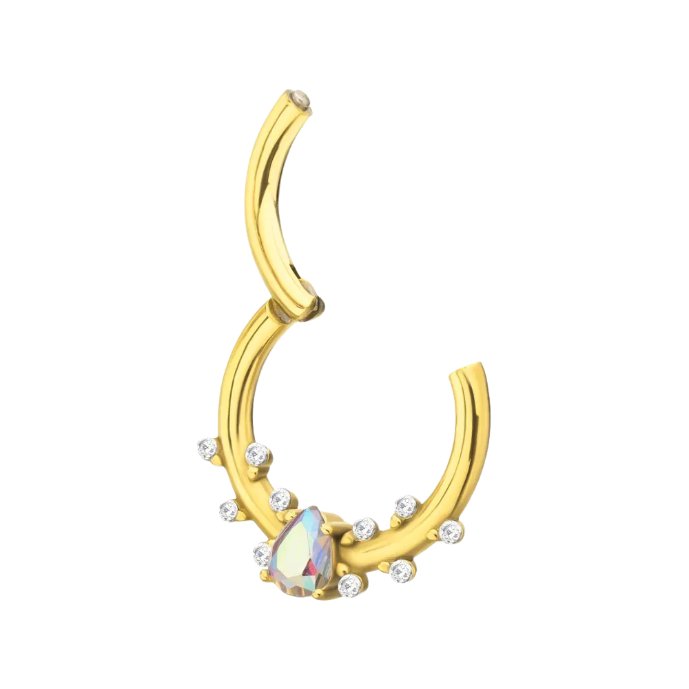 CZ Crystal Aurora Borealis Teardrop Gem Hinged Segment Clicker Ring - Gold PVD 316L Stainless Steel