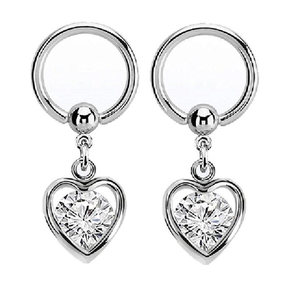 Crystal Enclosed Heart Dangling Captive Bead Nipple Rings - Stainless Steel - Pair
