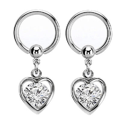 Crystal Enclosed Heart Dangling Captive Bead Nipple Rings - Stainless Steel - Pair