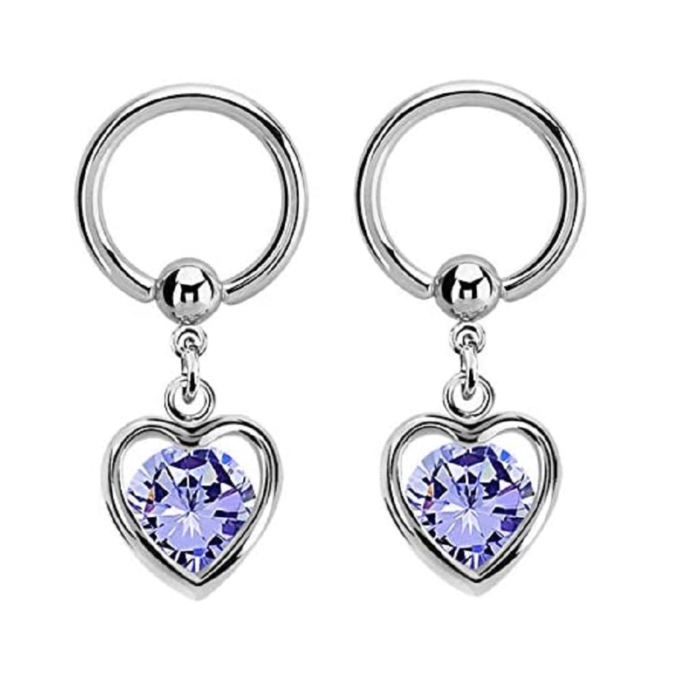 Crystal Enclosed Heart Dangling Captive Bead Nipple Rings - Stainless Steel - Pair