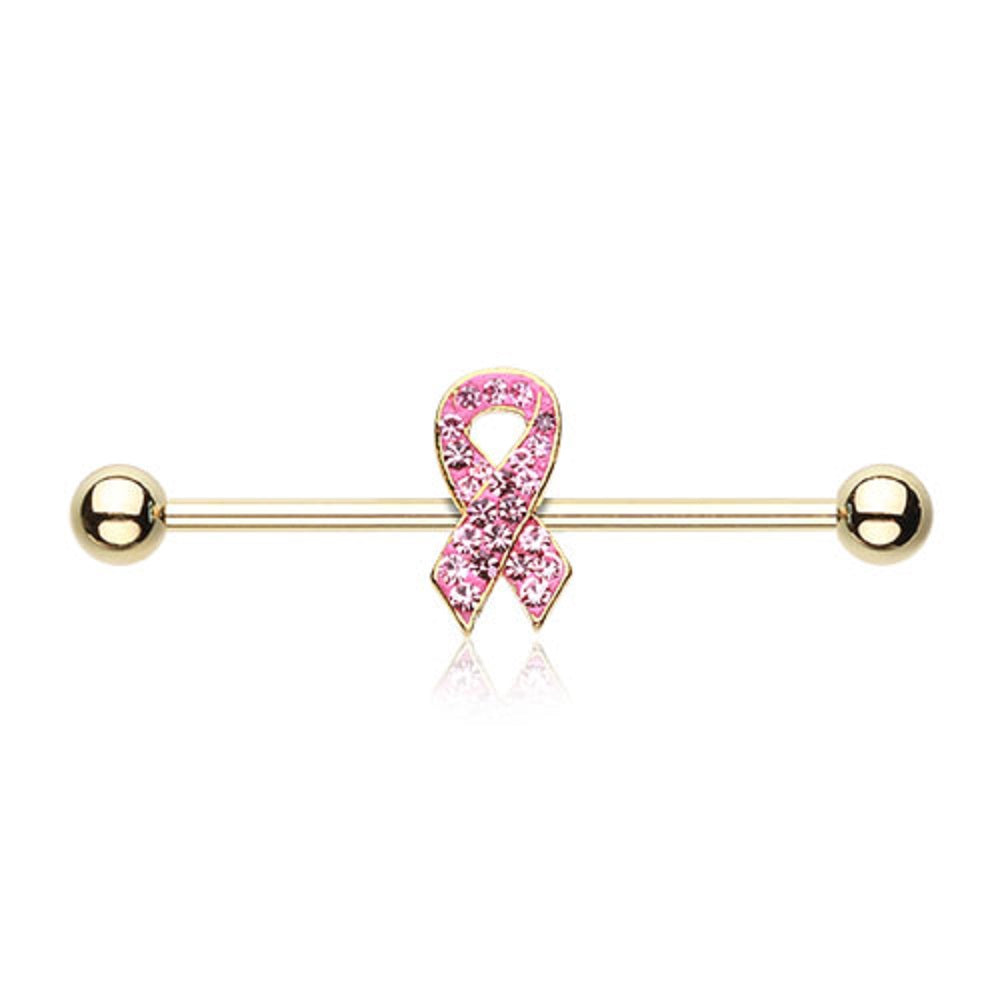 CZ Crystal Pink Ribbon Industrial Barbell - Gold Plated Stainless Steel