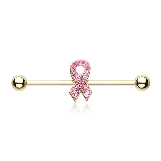 CZ Crystal Pink Ribbon Industrial Barbell - Gold Plated Stainless Steel