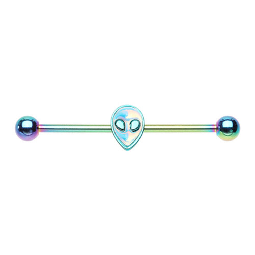 Rainbow Holographic Extraterrestrial Alien Head Industrial Barbell - Stainless Steel