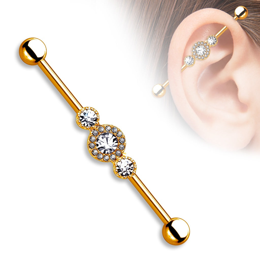 Three CZ Crystal Centered Multi Paved Circle Industrial Barbell - Stainless Steel