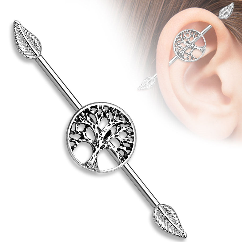 Burnished Silver Tree of Life Industrial Barbell with Leaf Ends - Surgical Steel