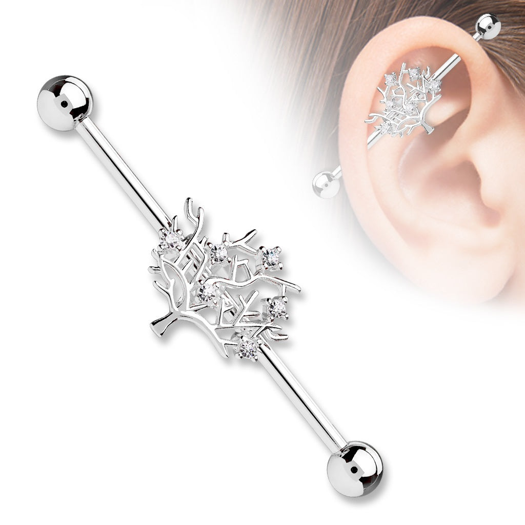 CZ Crystal Tree of Life Industrial Barbell - Stainless Steel