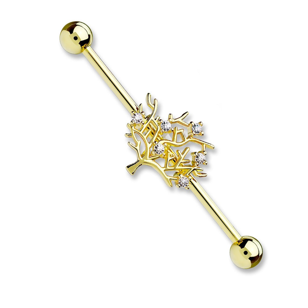CZ Crystal Tree of Life Industrial Barbell - Stainless Steel