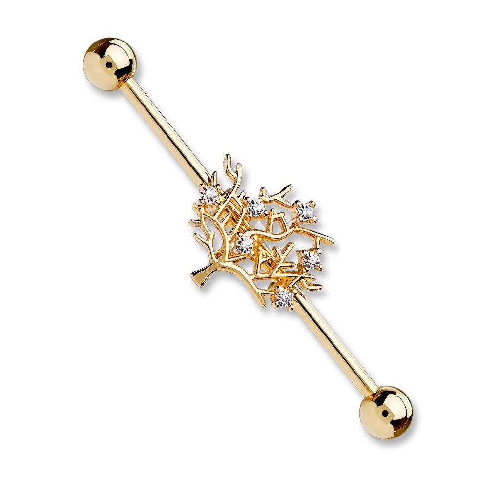 CZ Crystal Tree of Life Industrial Barbell - Stainless Steel