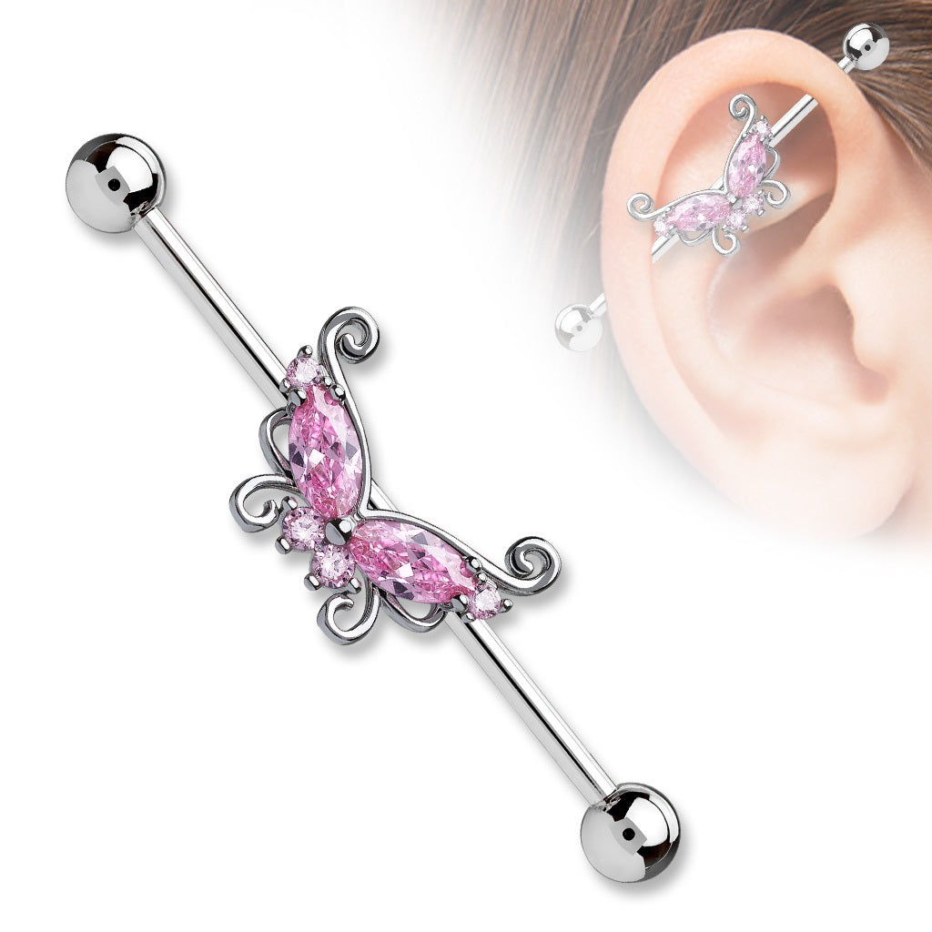 CZ Crystal Butterfly Industrial Barbell - Surgical Steel