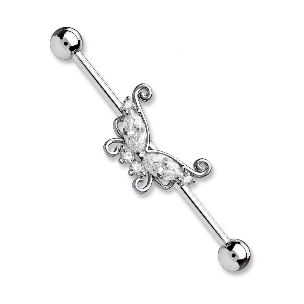 CZ Crystal Butterfly Industrial Barbell - Surgical Steel