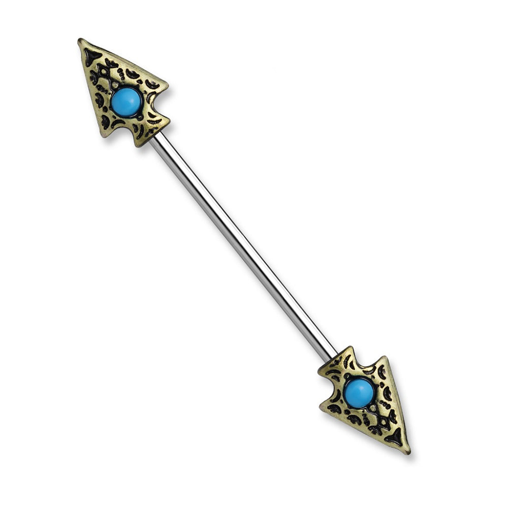 Antique Gold Plated Tribal Spear with Synthetic Turquoise Accents Industrial Barbell - Stainless Steel