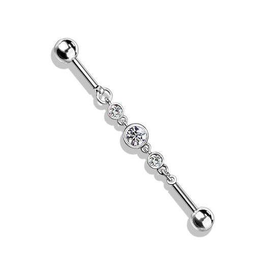 Triple CZ Rounds on a Chain Industrial Barbell - 316L Stainless Steel