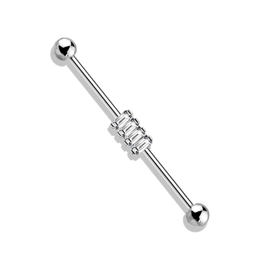 Multi CZ Squares Set Industrial Barbell - Stainless Steel
