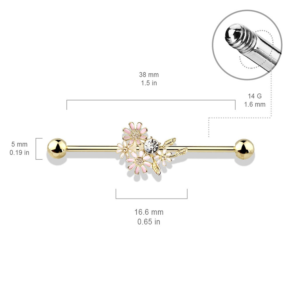 CZ Crystal and Enamel Flower Bouquet Industrial Barbell - Stainless Steel