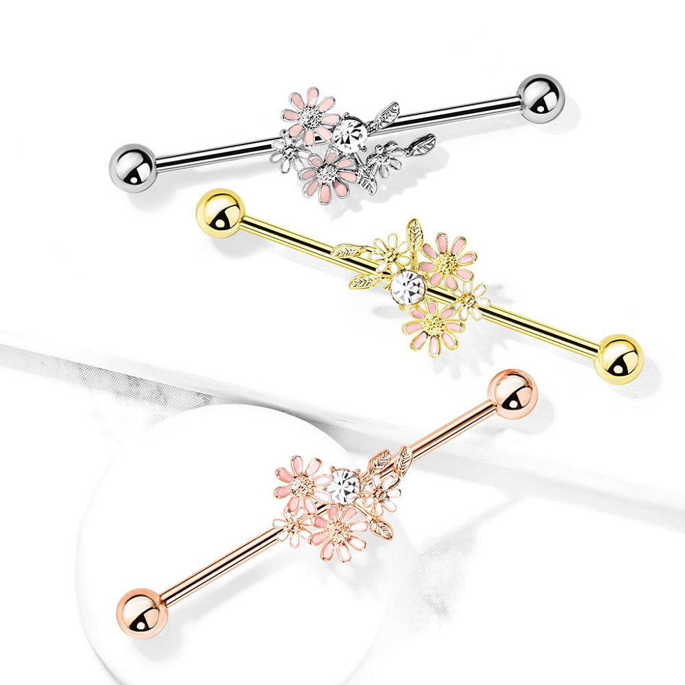 CZ Crystal and Enamel Flower Bouquet Industrial Barbell - Stainless Steel