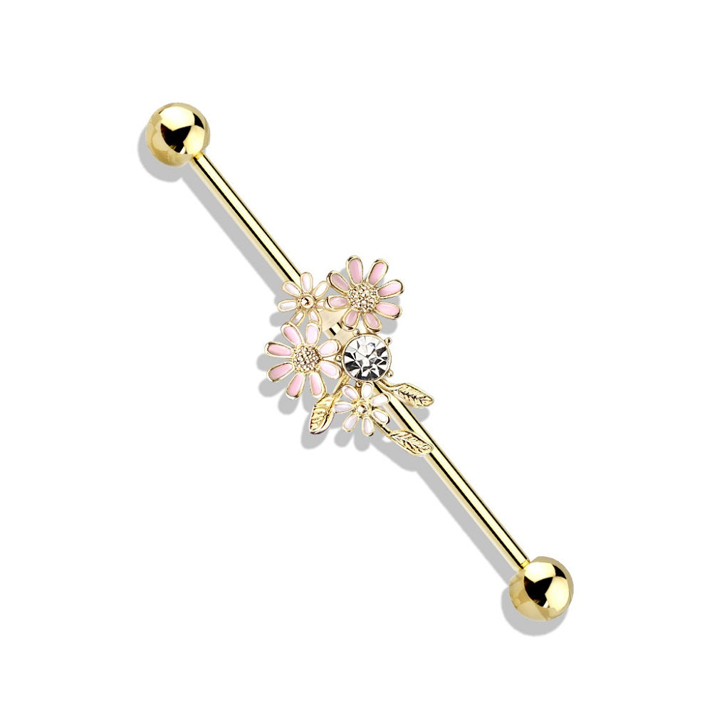 CZ Crystal and Enamel Flower Bouquet Industrial Barbell - Stainless Steel