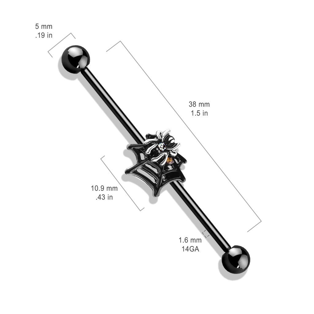Crystal Set Spider on Web Black Industrial Barbell - Stainless Steel