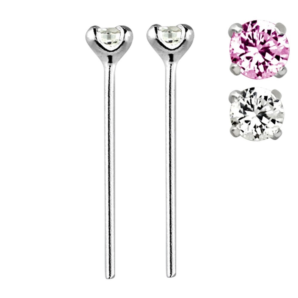 Set of 2 CZ Crystal Gem Prong Set Bendable Nose Stud - Sterling Silver