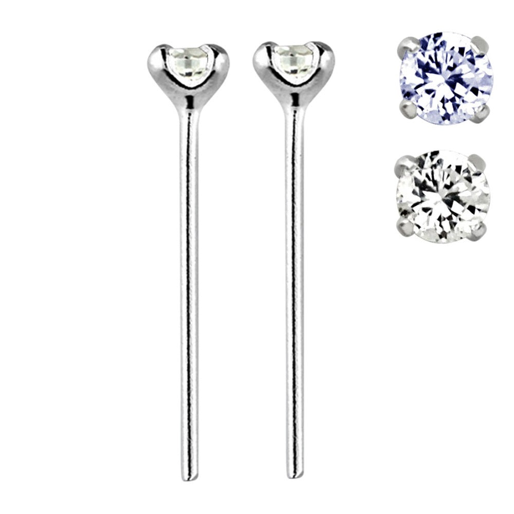 Set of 2 CZ Crystal Gem Prong Set Bendable Nose Stud - Sterling Silver