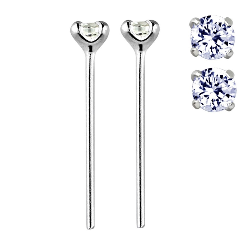 Set of 2 CZ Crystal Gem Prong Set Bendable Nose Stud - Sterling Silver