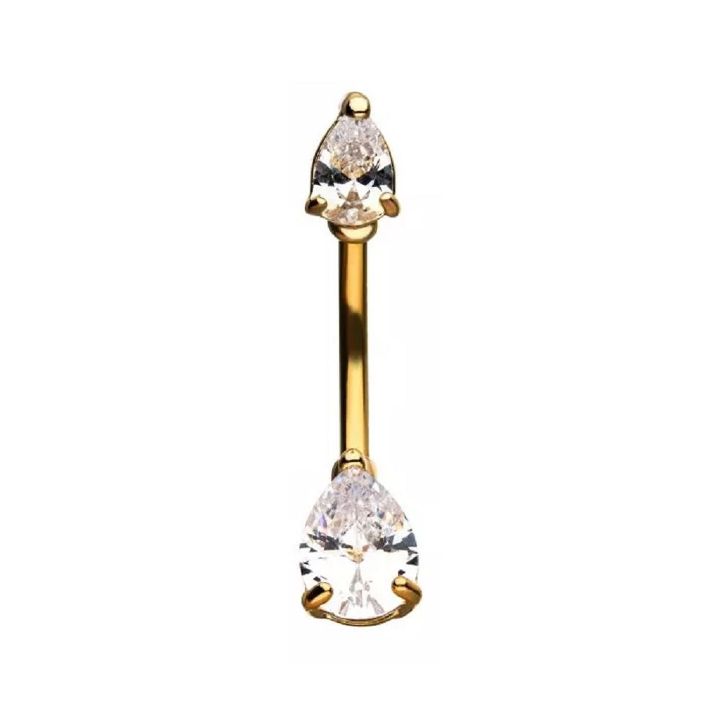 Double Gem Teardrop Prong-Set CZ Crystal Belly Button Ring - Stainless Steel