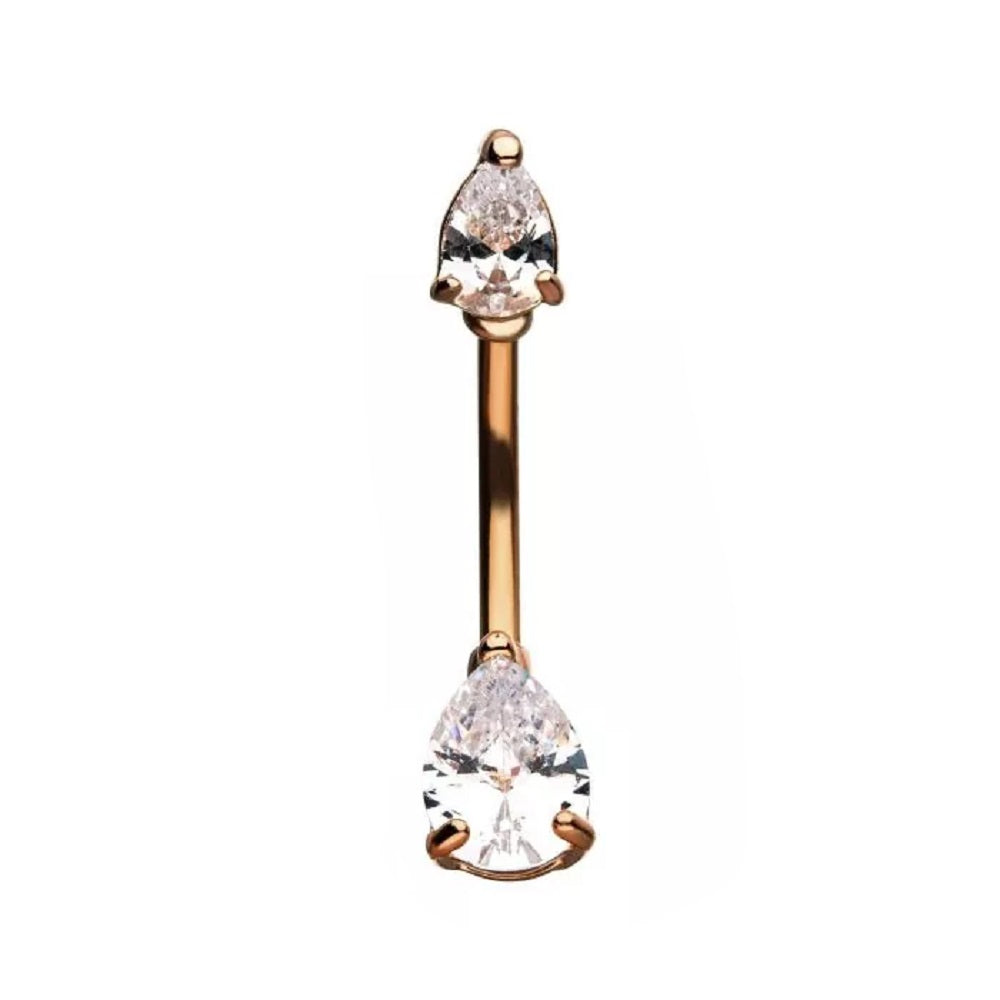 Double Gem Teardrop Prong-Set CZ Crystal Belly Button Ring - Stainless Steel