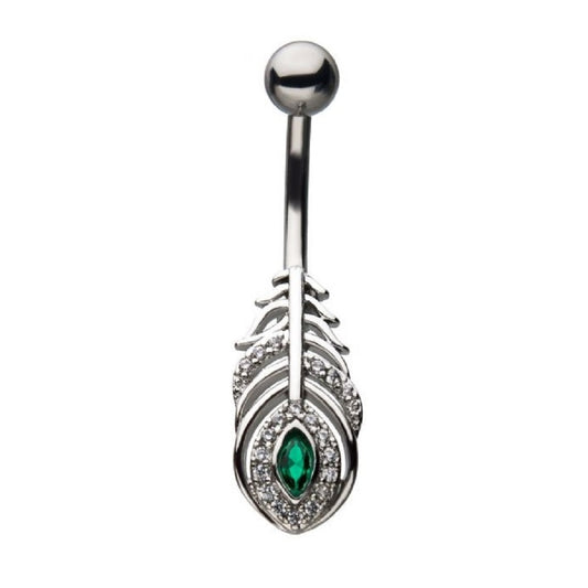 CZ Crystal Peacock Feather Belly Button Ring - Stainless Steel