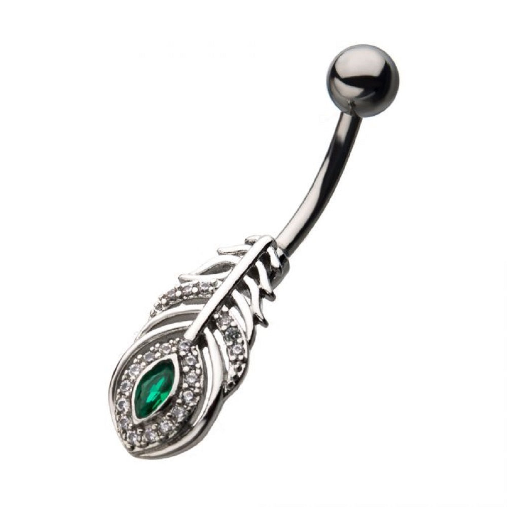 CZ Crystal Peacock Feather Belly Button Ring - Stainless Steel
