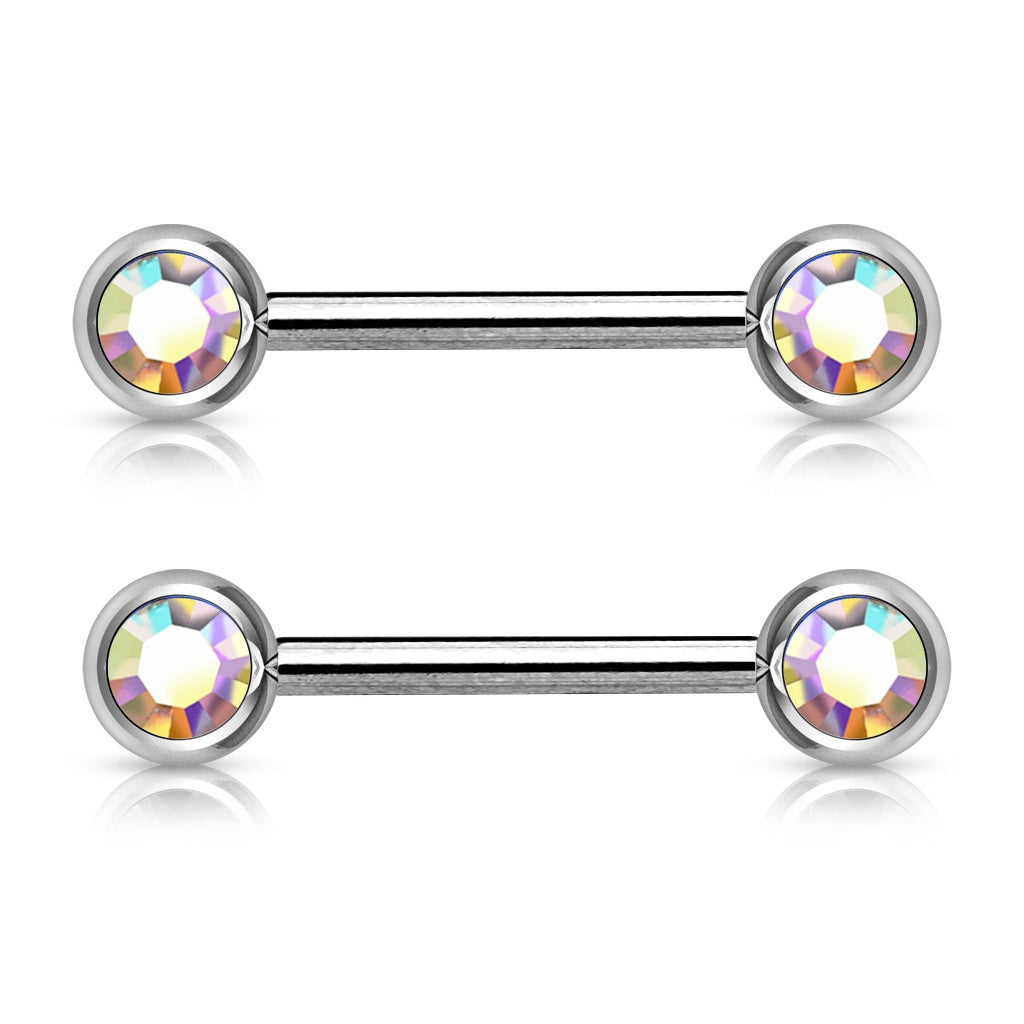 Double Gemmed Front Facing Nipple Barbells - 316L Stainless Steel - Pair