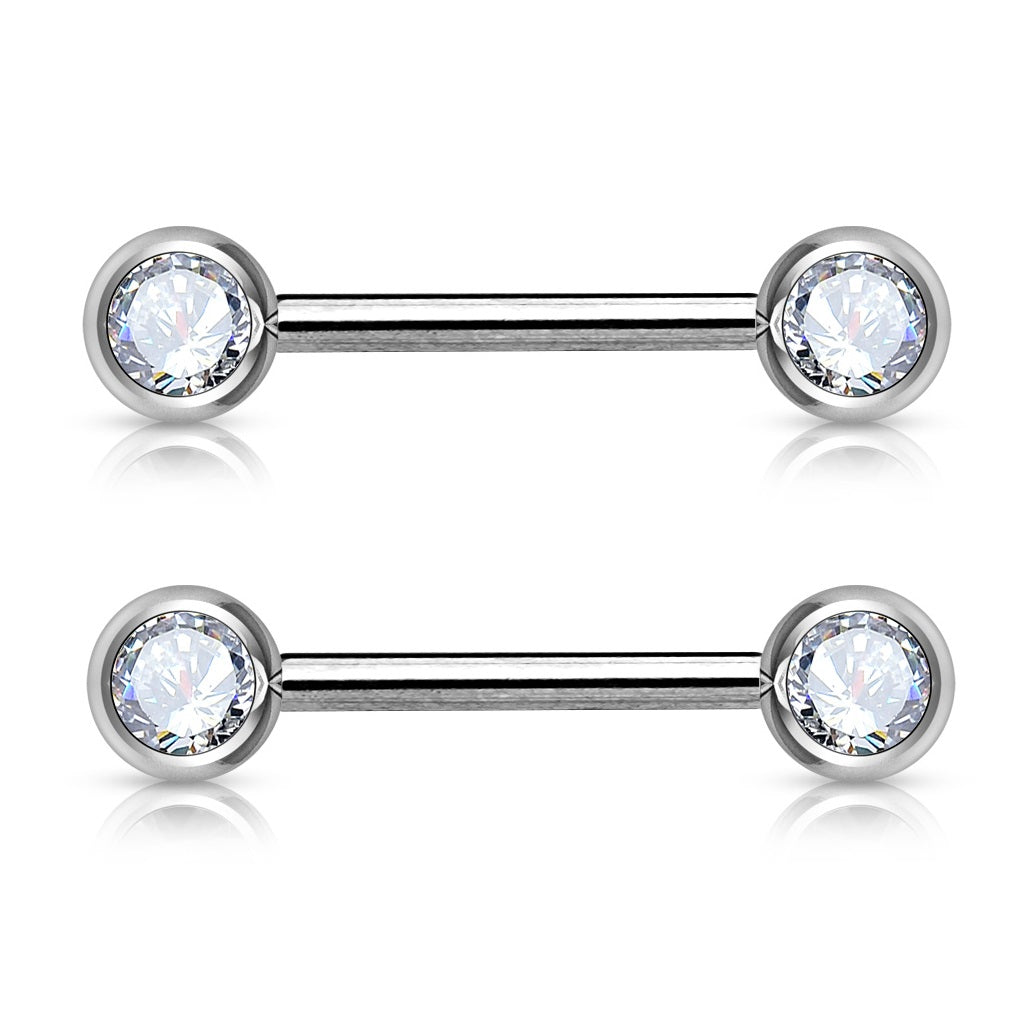 Double Gemmed Front Facing Nipple Barbells - 316L Stainless Steel - Pair