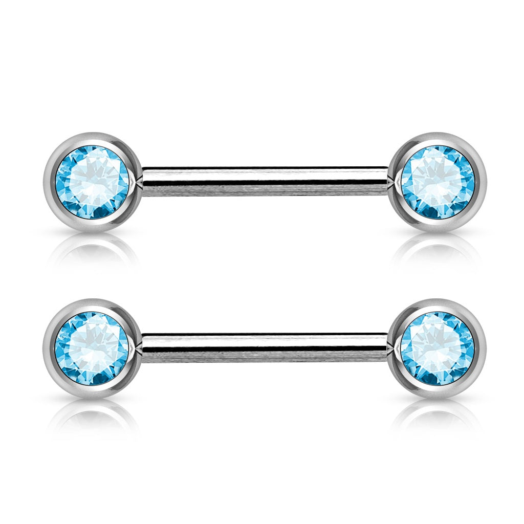 Double Gemmed Front Facing Nipple Barbells - 316L Stainless Steel - Pair