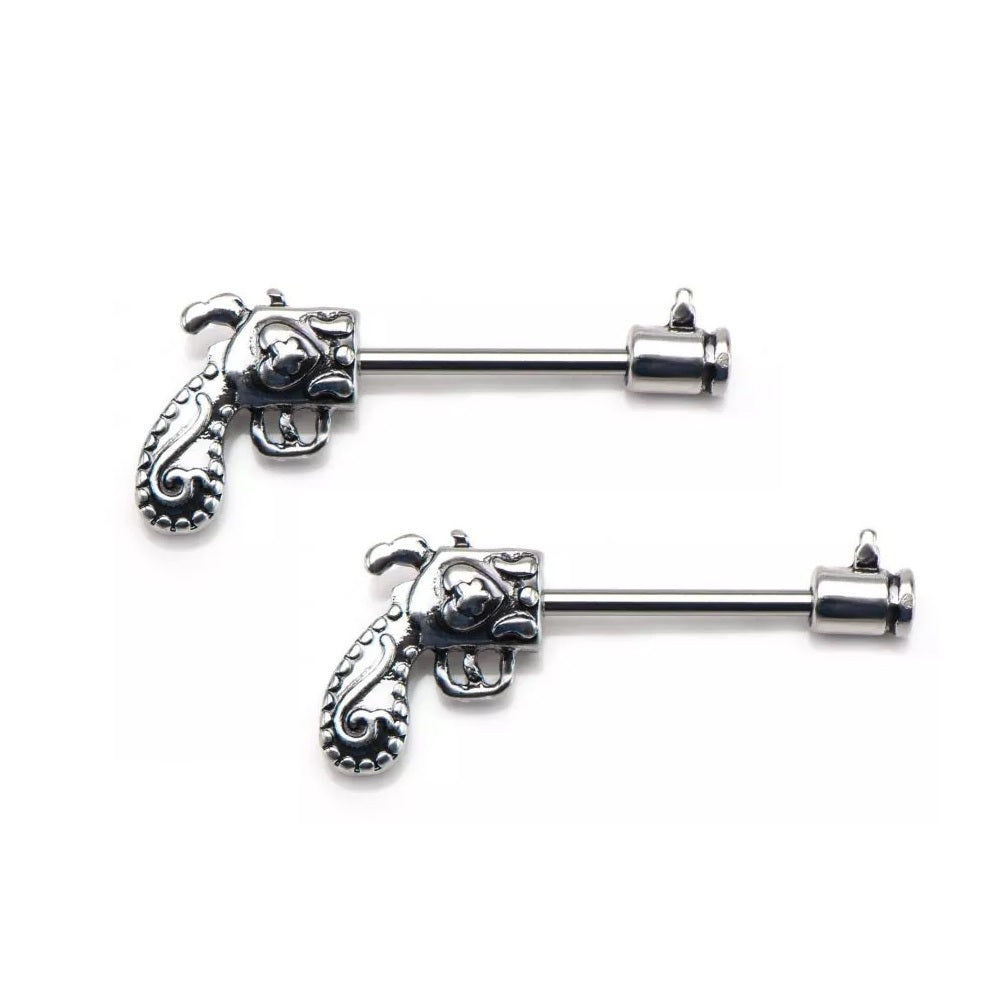 Gun Pistol Revolver Nipple Barbells - Stainless Steel - Pair