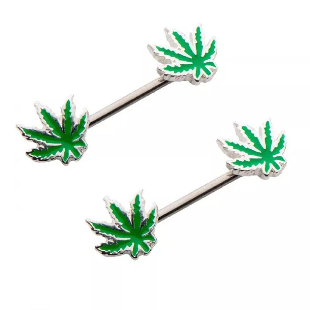 Pot Leaf Forward Facing Nipple Barbells - Stainless Steel - Pair