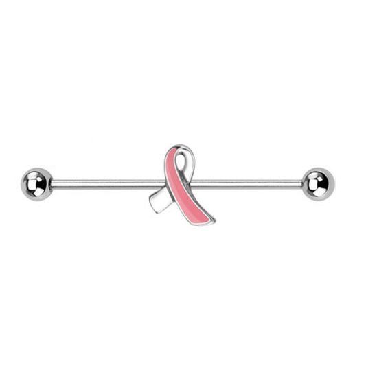 Pink Ribbon Breast Cancer Awareness Industrial Barbell - Stainless Steel