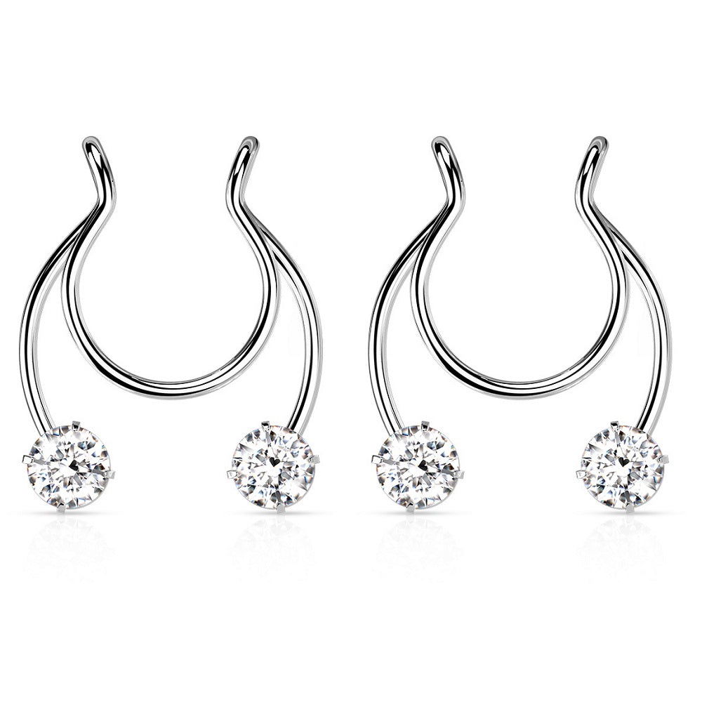 Prong Set CZ Crystal Horseshoe Clip On Non-Pierce Fake Septum Nipple Rings - Stainless Steel - Pair