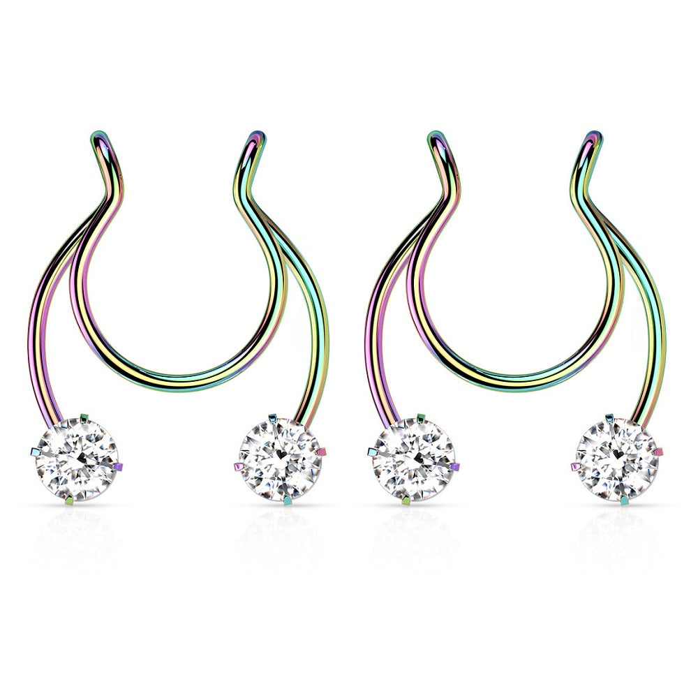 Prong Set CZ Crystal Horseshoe Clip On Non-Pierce Fake Septum Nipple Rings - Stainless Steel - Pair
