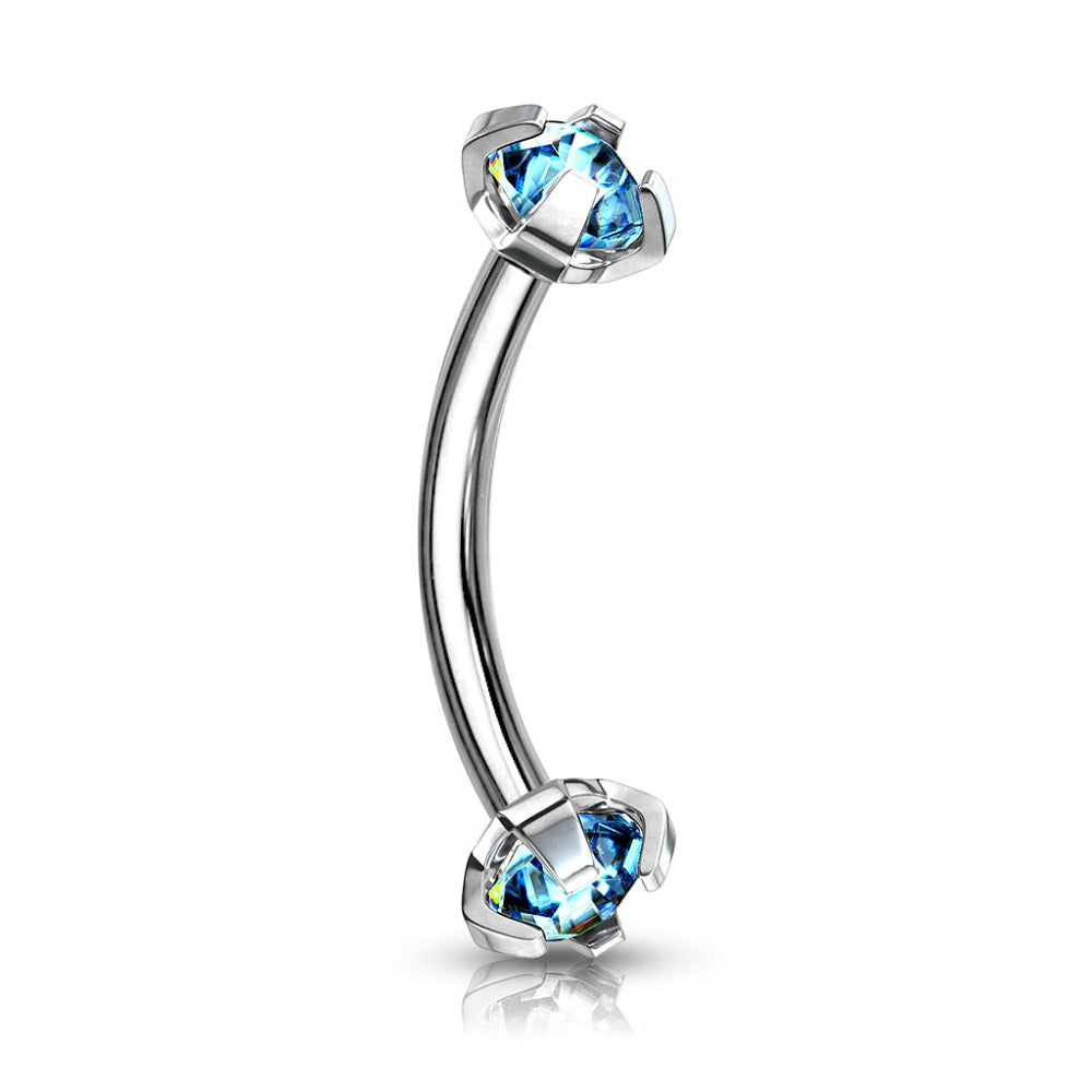 Internally Threaded Prong Set CZ Crystal Ends Cartilage Helix Rook Eyebrow Curved Barbell - Stainless Steel