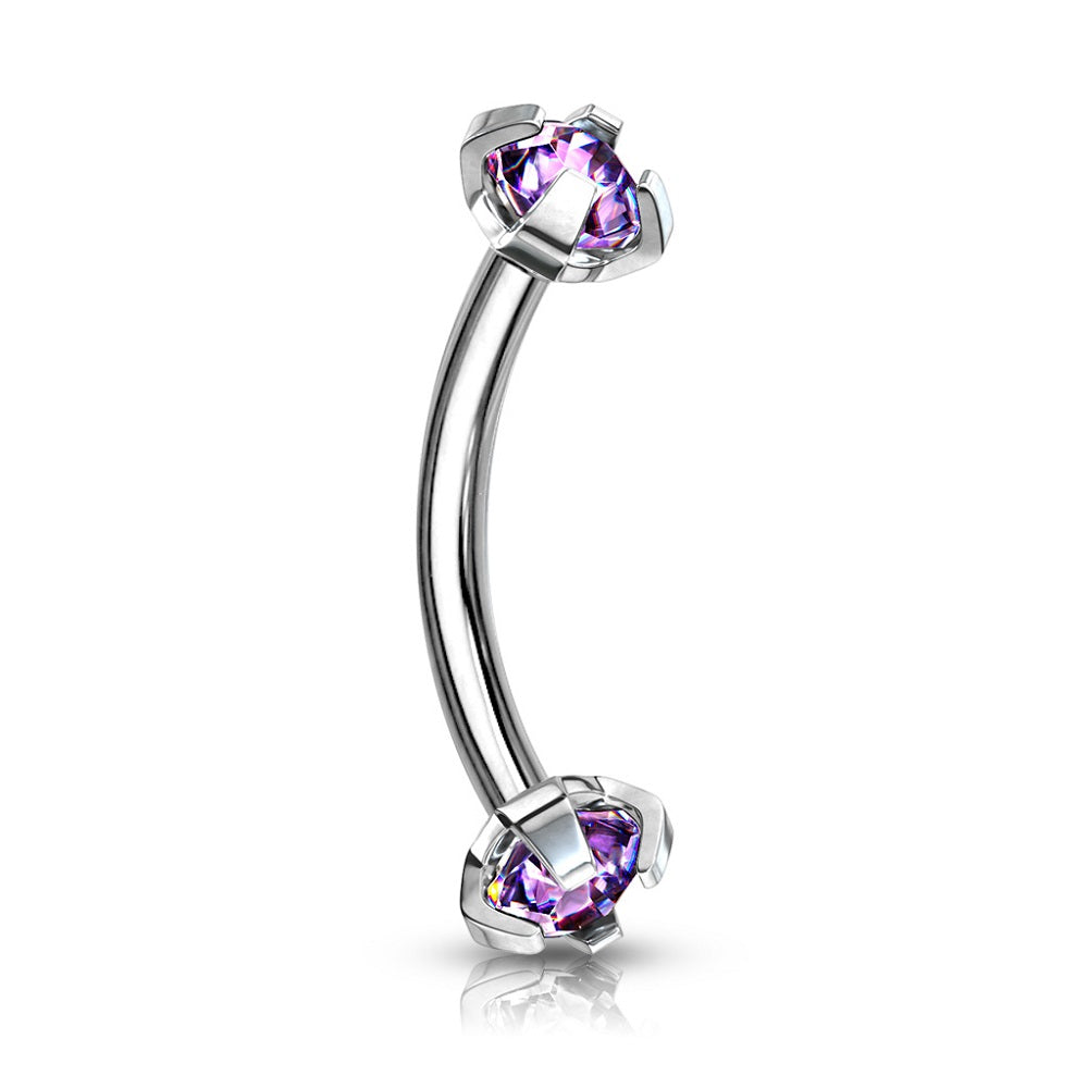 Internally Threaded Prong Set CZ Crystal Ends Cartilage Helix Rook Eyebrow Curved Barbell - Stainless Steel