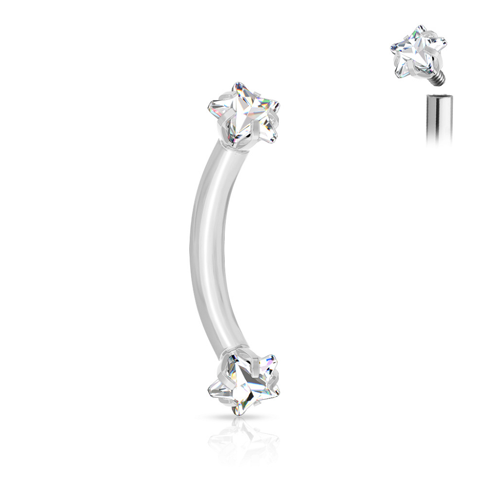 Internally Threaded Prong Set CZ Crystal Star Ends Curved Barbell - Stainless Steel